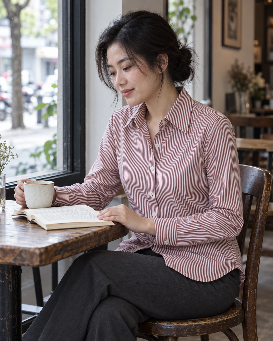 Sơ mi kẻ sọc nhỏ màu burgundy