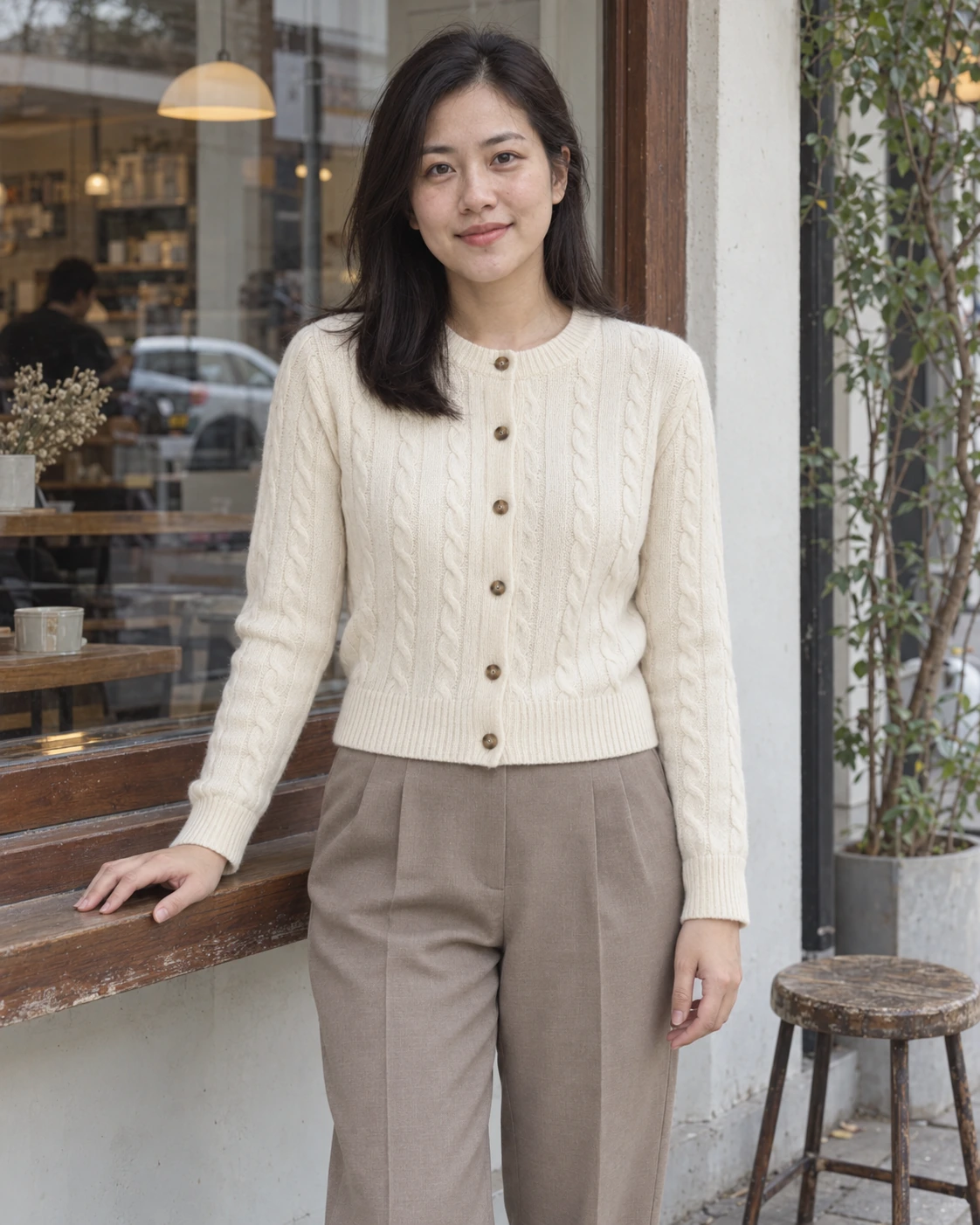 Cardigan màu kem dệt vặn thừng phối quần âu taupe