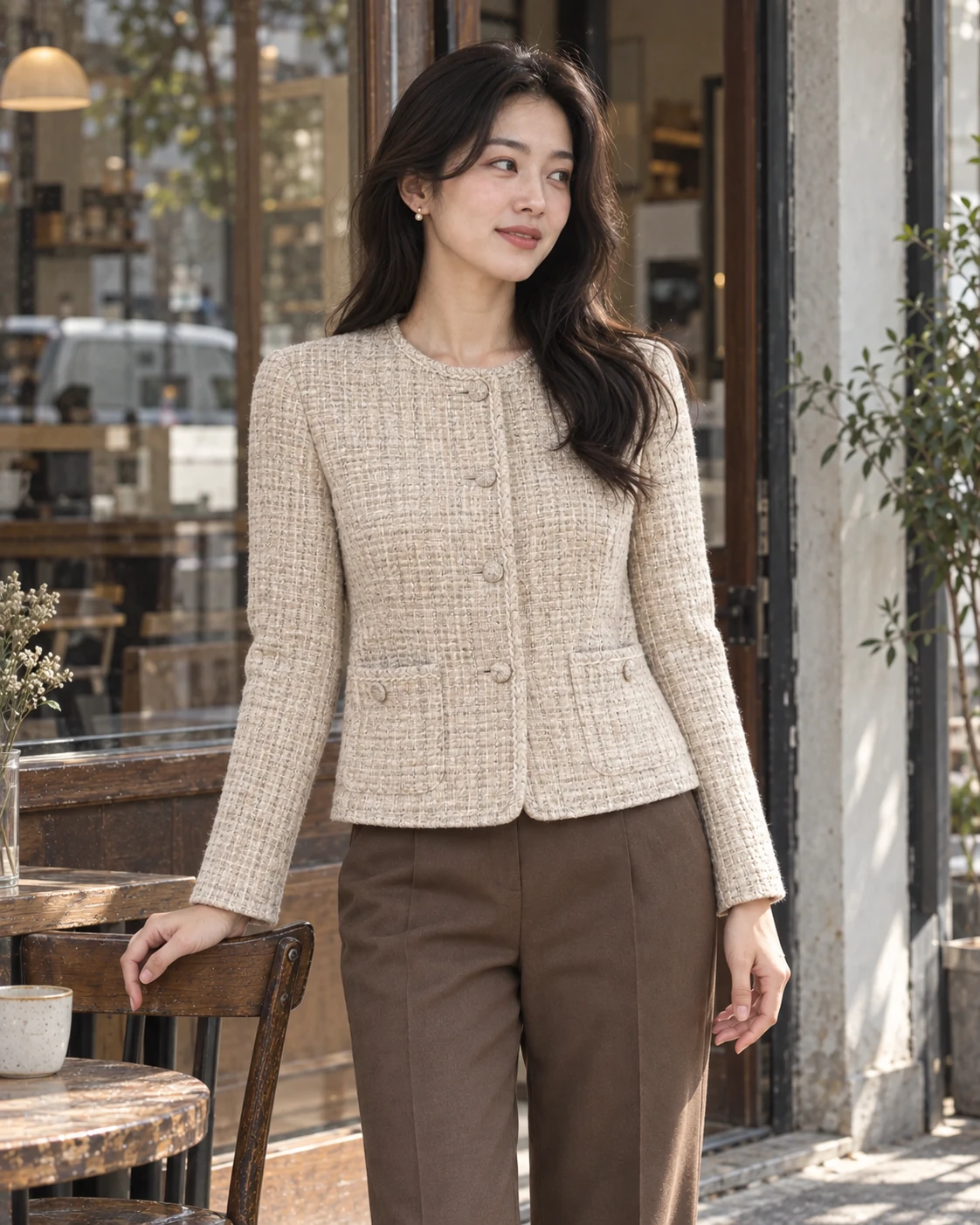 Áo khoác tweed oatmeal dáng ngắn phối quần nâu