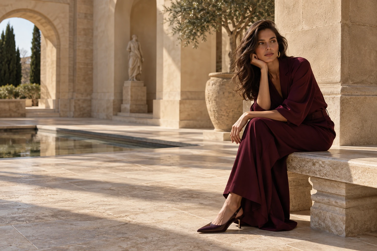 Người mẫu trong trang phục burgundy giữa kiến trúc đá ấm màu